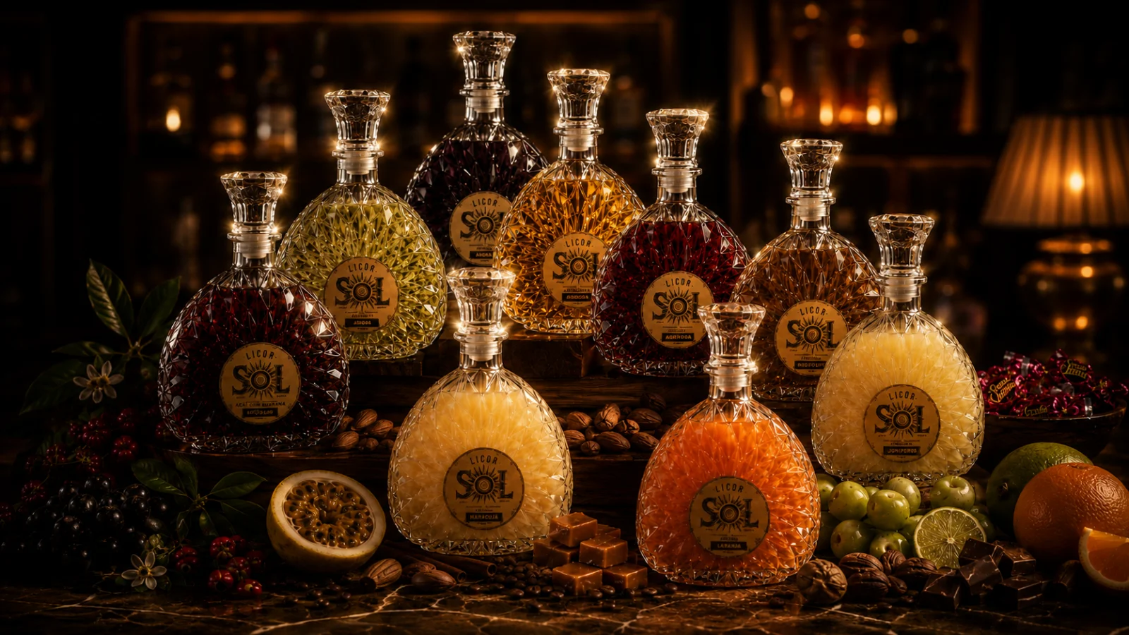Garrafa de licor artesanal iluminada por luz quente, cercada de frutas e especiarias
